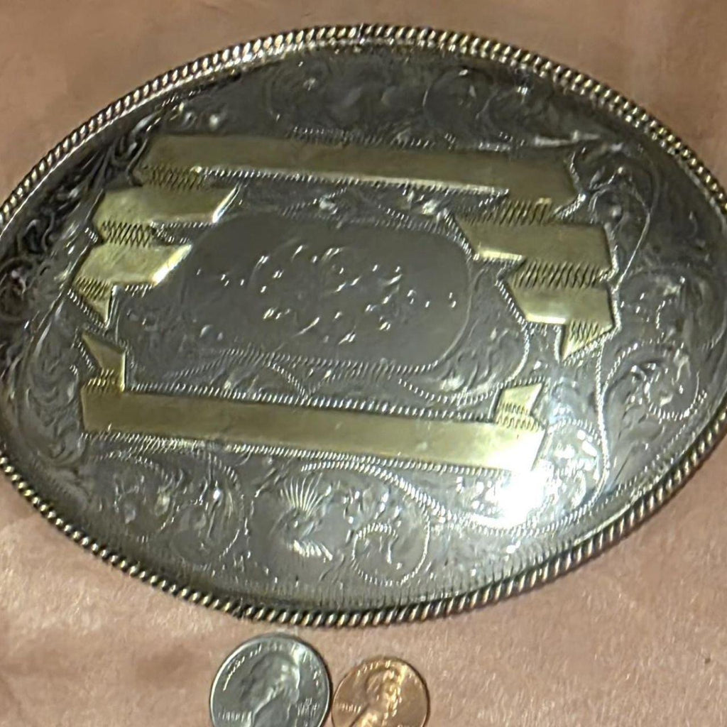 Vintage Metal Belt Buckle, Silver and Brass, Really Big Extra Large Size, Nice Western Design, 6 1/2" x 5", Cowboy Style, Heavy Duty