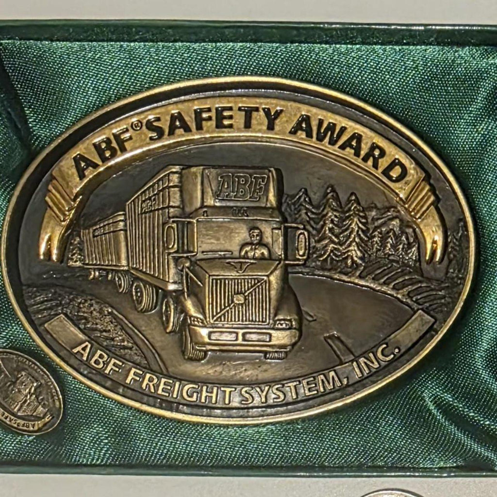 Vintage 2002 Metal Belt Buckle, Brass, ABF Freight Systems Inc, Trucking, Big Rig, Trucker, Safety Award, Includes Tie Clip