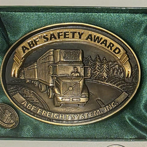 Vintage 2002 Metal Belt Buckle, Brass, ABF Freight Systems Inc, Trucking, Big Rig, Trucker, Safety Award, Includes Tie Clip