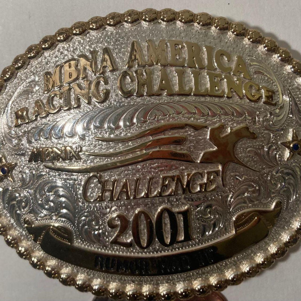 Vintage 2001 Metal Belt Buckle, Silver and Brass, Horse Racing, Montana Silversmiths, MBNA America Racing Challenge, Rumor Had It