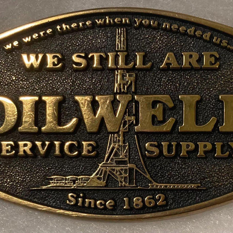 Vintage 1981 Metal Belt Buckle, Brass, We Still Are Oilwell Service Supply, Petroleum, Gas, Energy, Oil, Nice Design, 3 1/2" x 2 1/4"
