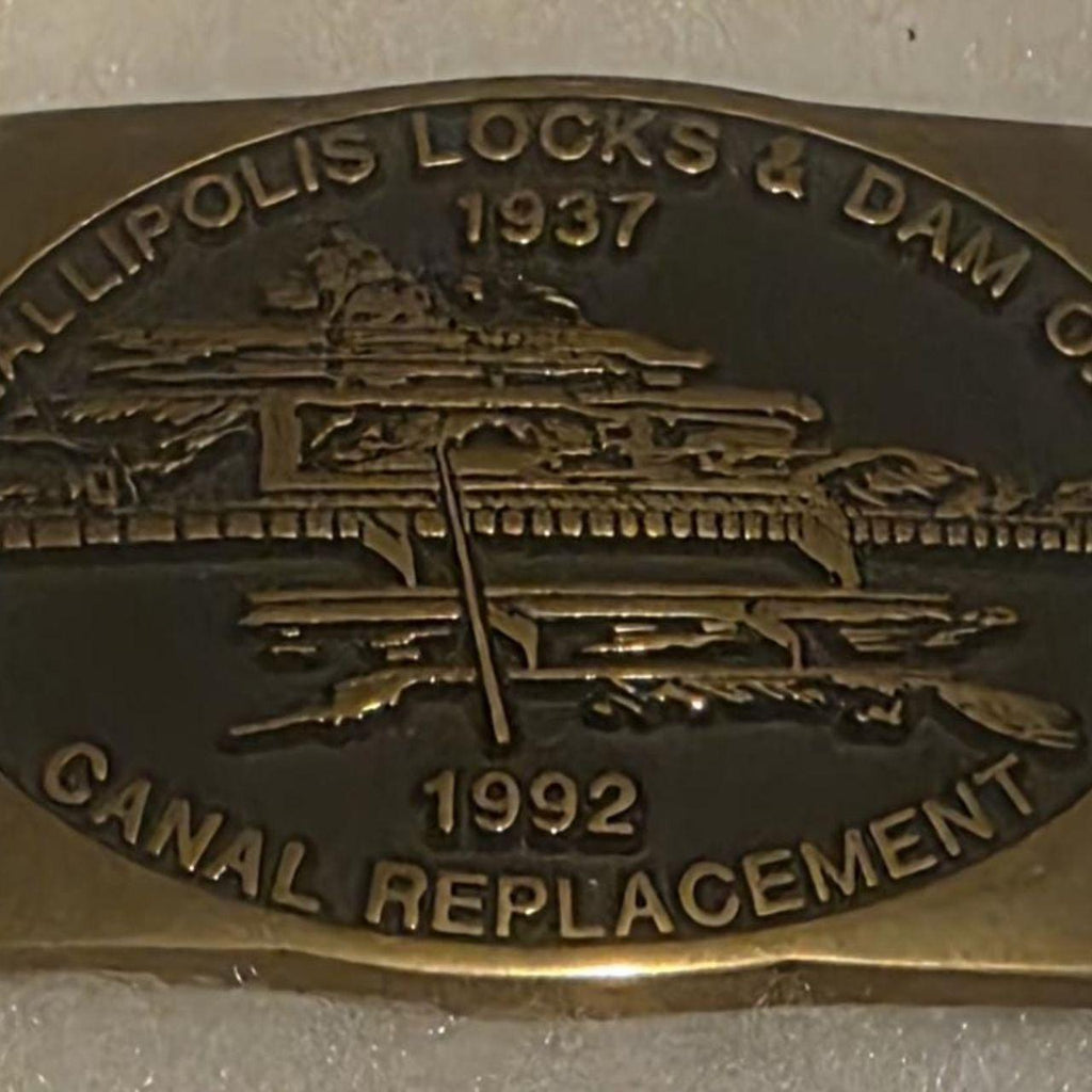 Vintage 1992 Metal Belt Buckle, Solid Brass, Gallipolis Locks & Dam, Canal Replacement, Nice Design