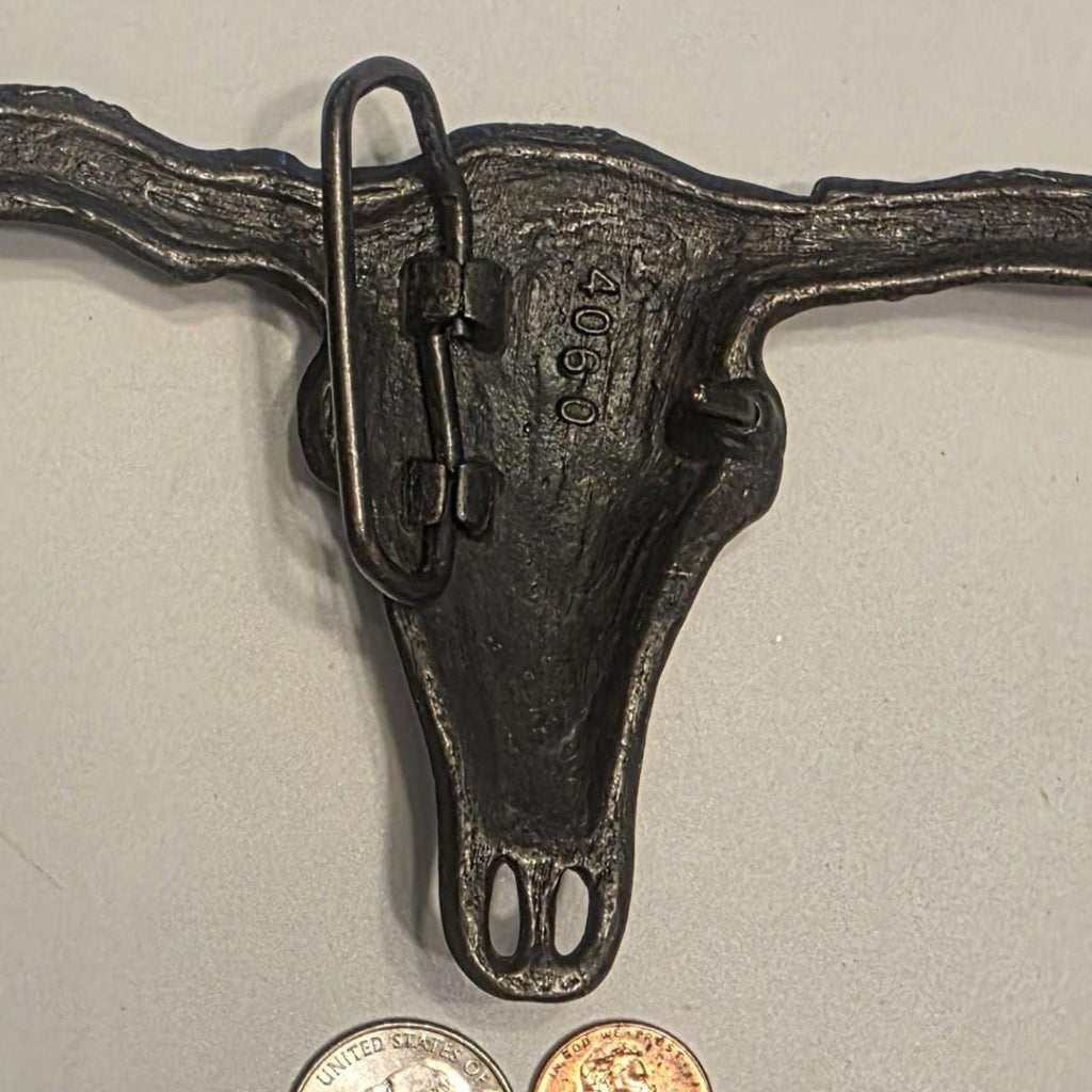 Vintage Metal Belt Buckle, Brass, Longhorn Bull Skull Head, Cattle, Livestock, Nice Western Design