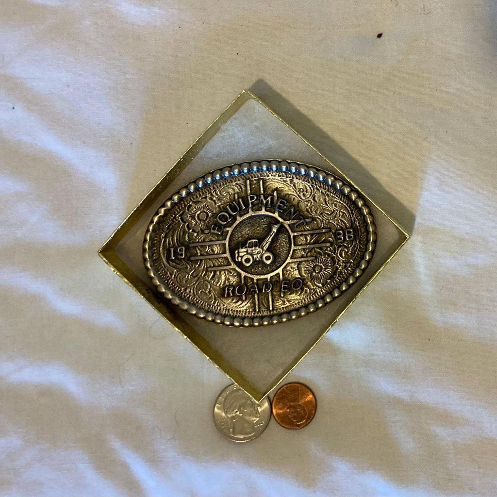 Vintage 1998  Joke Metal Belt Buckle, Equipment Road EO, "Rodeo, Construction, AG, Rodeo for Construction Equipment, Haha, Nice