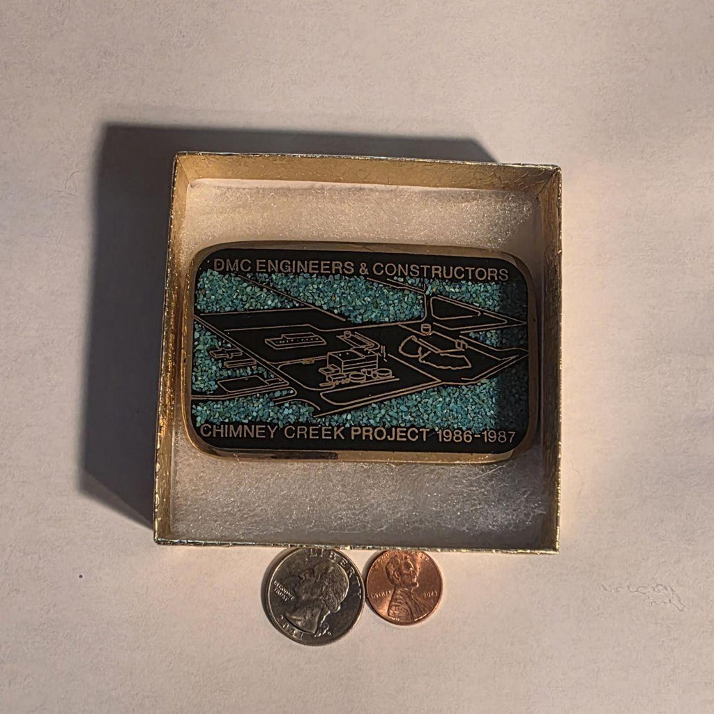 Vintage 1987 Metal Belt Buckle, Solid Brass, Blue Crushed Turquoise Stones, DMC Engineers & Constructors, Chimney Creek Project