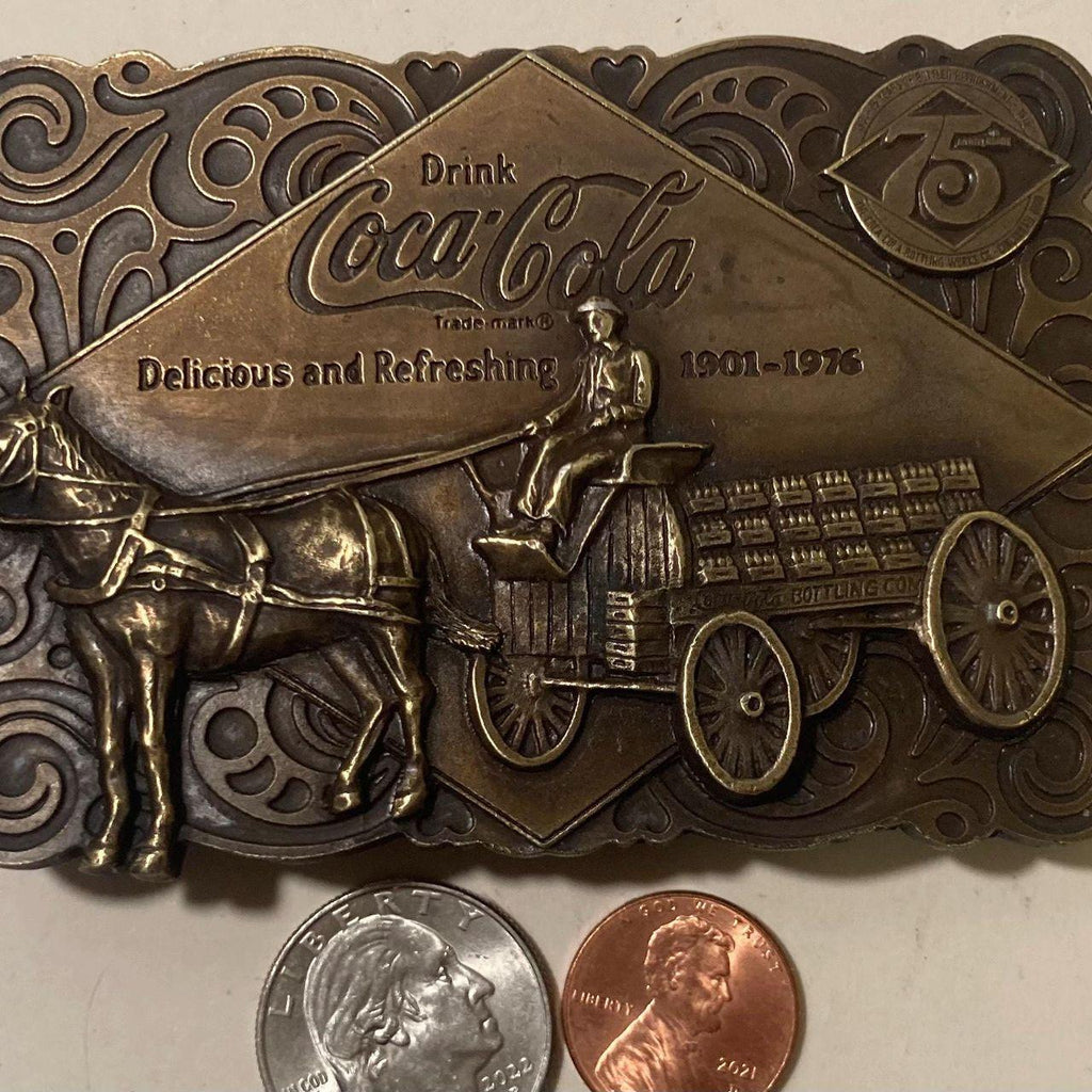 Vintage 1975 Metal Belt Buckle, Brass, Coca Cola, Coke, Soda Pop, Horse, Nice Western Design, 3 3/4" x 2 3/4", Heavy Duty, Made in USA