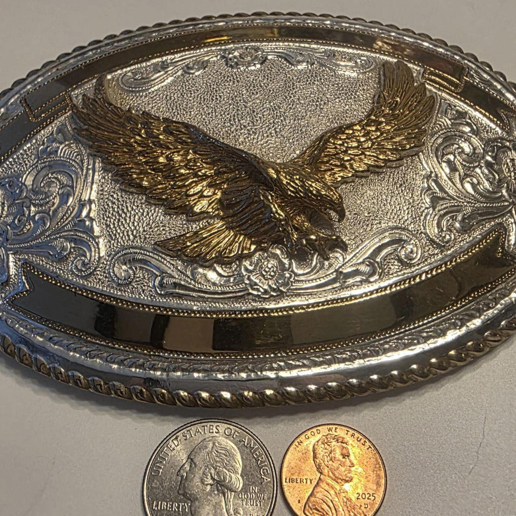 Vintage Metal Belt Buckle, American Bald Eagle, Bird, Big Size, Crumrine, Silver and Brass Color, Cowboy, Rodeo, Nice Western Style Design