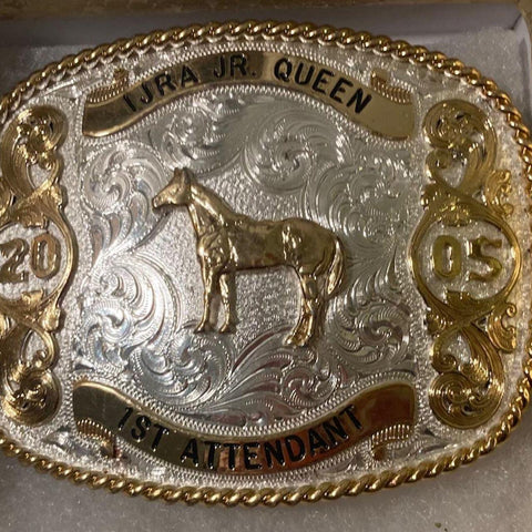 Vintage 2005 Metal Belt Buckle, IJRA Jr. Queen, 1st Attendant, Silver and Brass, Horse, Montana Silversmiths, Purple Stones, Nice Western Design