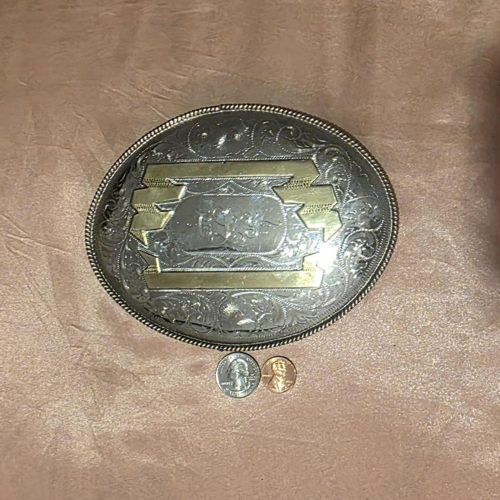 Vintage Metal Belt Buckle, Silver and Brass, Really Big Extra Large Size, Nice Western Design, 6 1/2" x 5", Cowboy Style, Heavy Duty