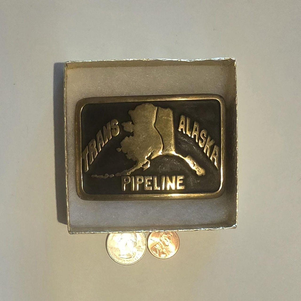 Vintage 1982 Metal Belt Buckle, Brass, Trans Alaska Pipeline, Energy, Gas, Petroleum, Nice Western Style Design
