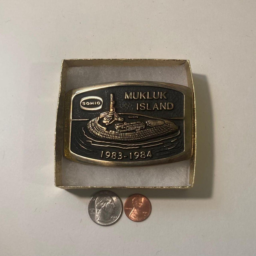 Vintage 1983 Metal Belt Buckle, Brass, Sohio, Mukluk Island, Oil Well, Oil, Energy, Gas, 3 3/4" x 2 1/2", Cowboy Style, Heavy Duty, Quality