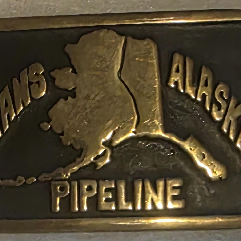 Vintage 1982 Metal Belt Buckle, Brass, Trans Alaska Pipeline, Energy, Gas, Petroleum, Nice Western Style Design