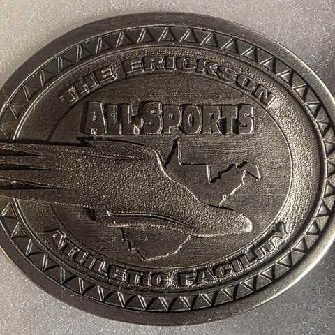 Vintage 1997 Metal Belt Buckle, All Sports, The Erickson Athletic Facility, Nice Western Style Design