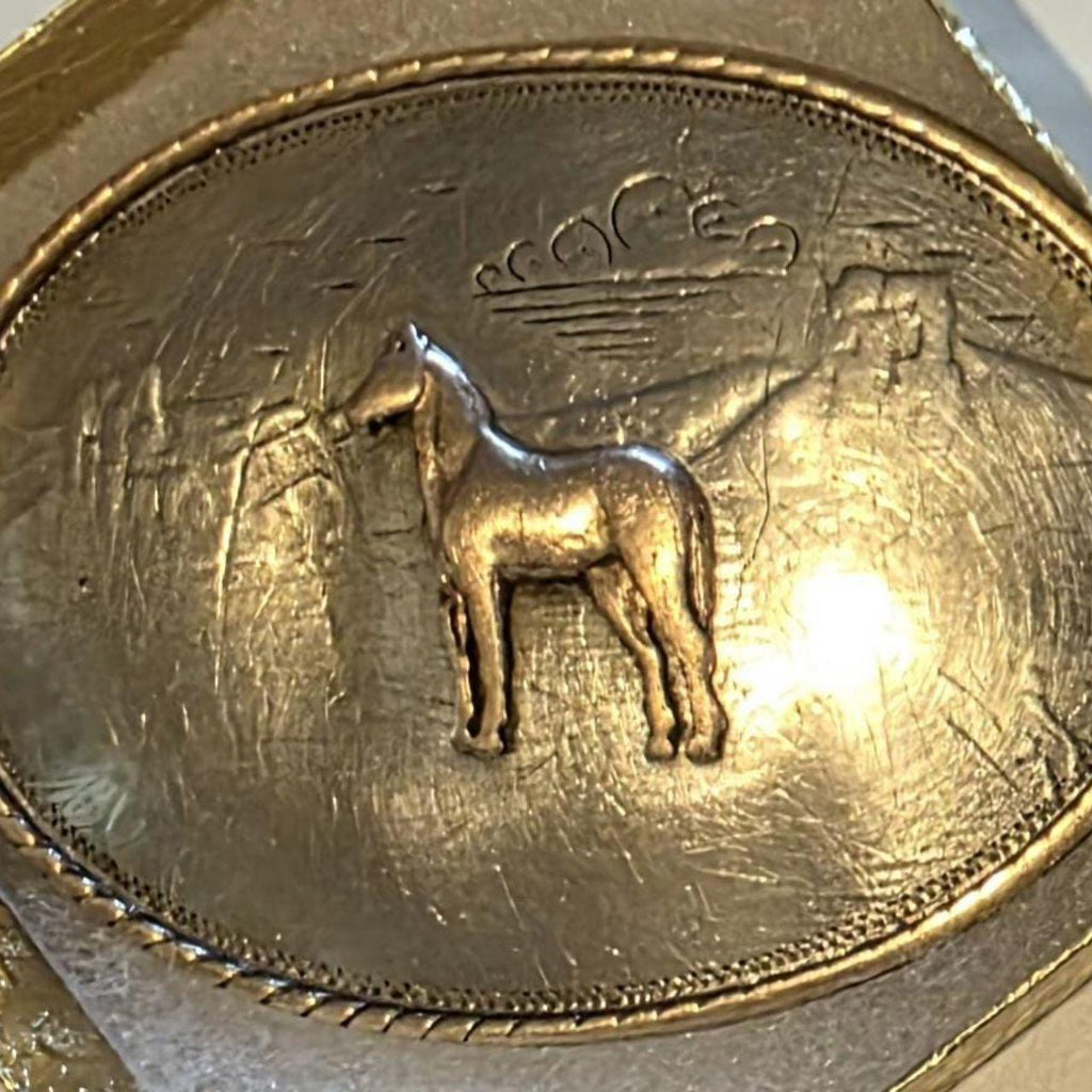 Vintage Metal Belt Buckle,  German Silver and Brass, Horse, Pony, Irvine & Jachens, Does Have A Dent, Can Be Pounded Out or Left