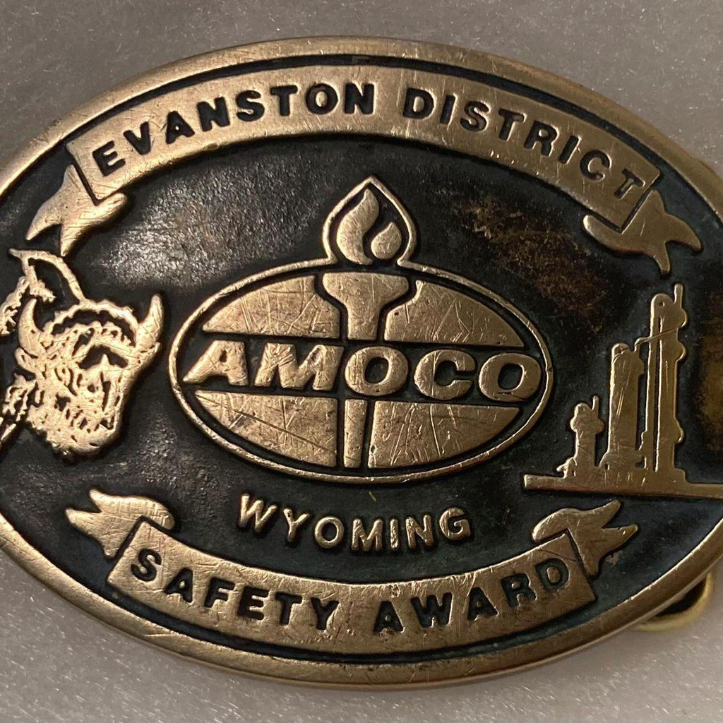 Vintage 1987 Metal Belt Buckle, Brass, Amoco, Wyoming, Evanston District, Petroleum, Gas, Energy, Oil, Nice Design, 3 1/4" x 2 1/2"