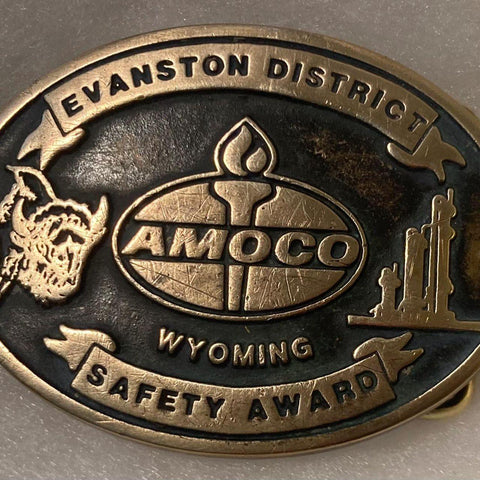 Vintage 1987 Metal Belt Buckle, Brass, Amoco, Wyoming, Evanston District, Petroleum, Gas, Energy, Oil, Nice Design, 3 1/4" x 2 1/2"