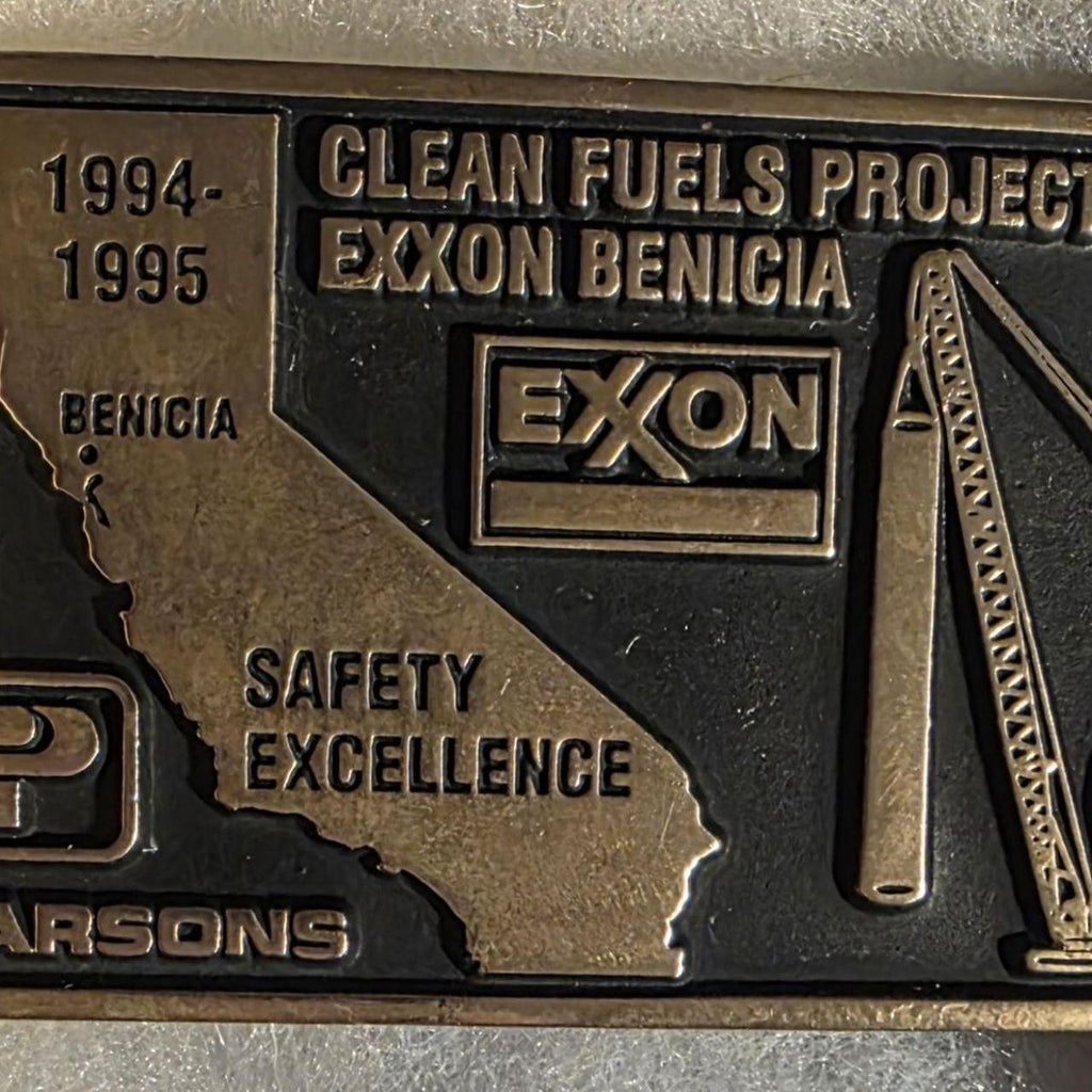 Vintage 1995 Metal Belt Buckle, Brass, Exxon, Clean Fuels Project, Benicia, Parsons, Drilling, Gas, Fuel, Energy