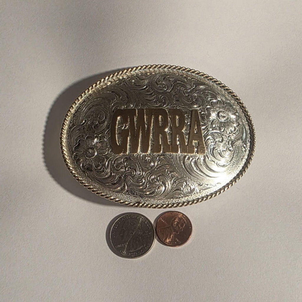 Vintage Metal Belt Buckle, Silver and Brass, Gold Wing Road Riders Association, Motorcycle, Big Size, Nice Western Style Design, 4 1/4" x 3"