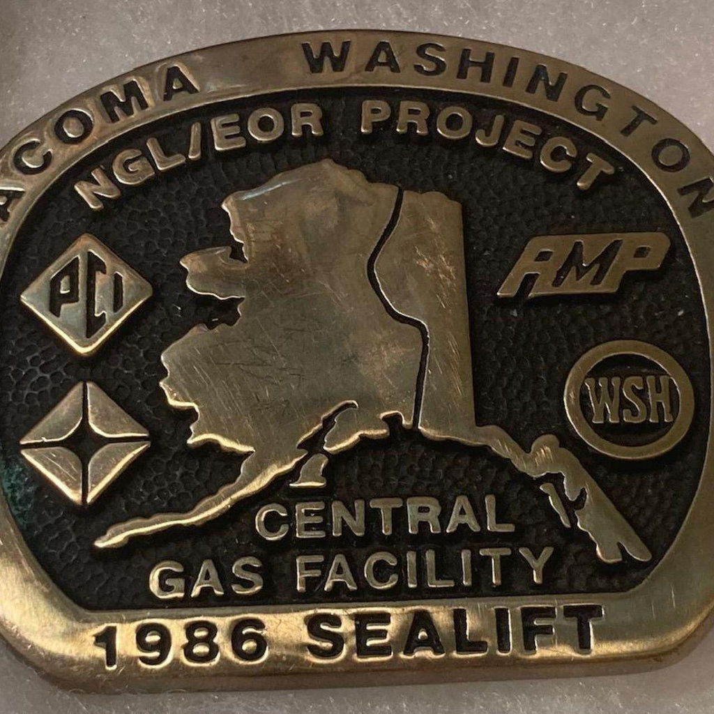 Vintage 1986 Metal Belt Buckle, Brass, 86 Sealift, Tacoma, Washington, Central Gas Facility, Oil, Energy, Gas, 3" x 2 1/2", Cowboy Style