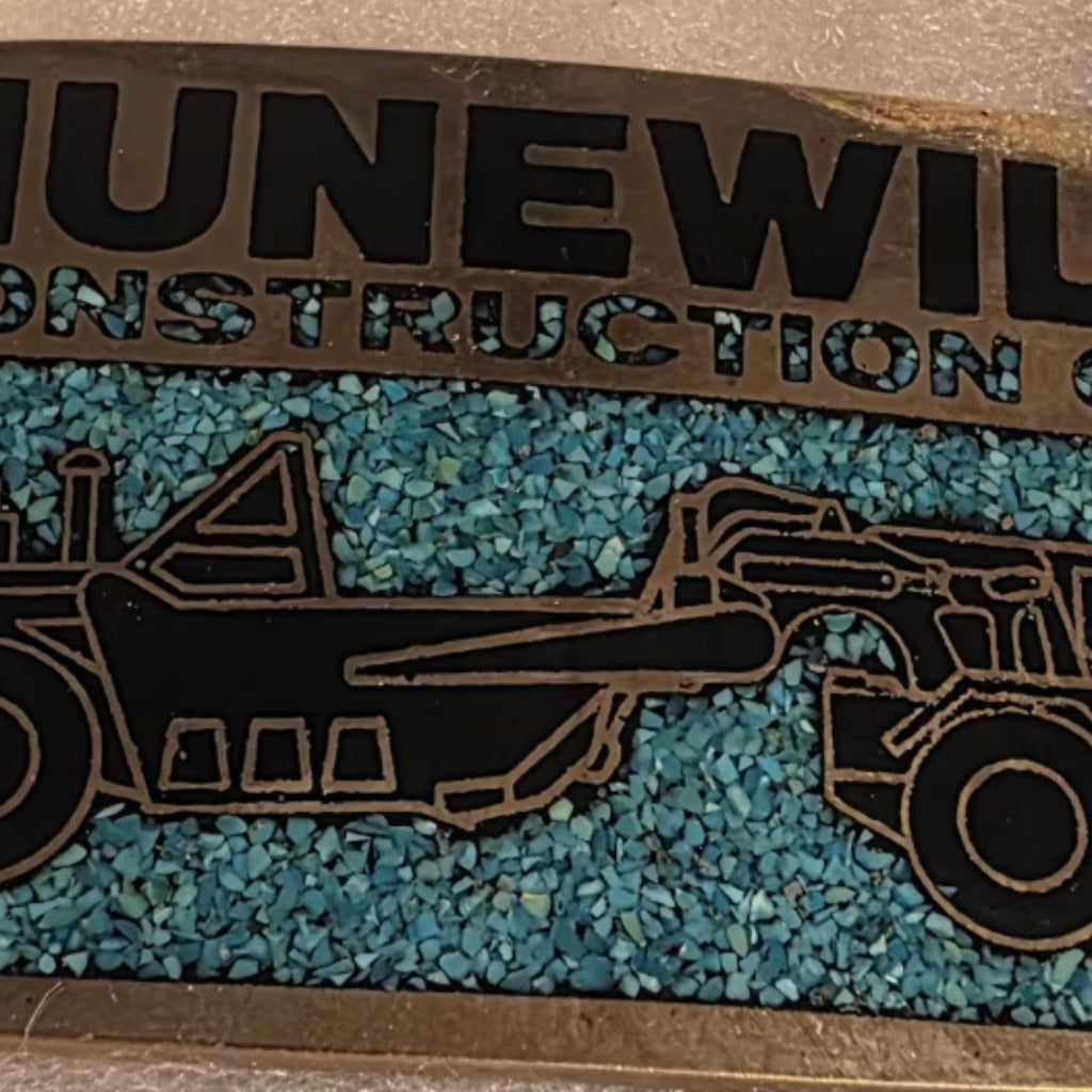 Vintage Metal Belt Buckle, Solid Brass, Blue Crushed Turquoise Stones, Hunewill Construction Co, Road Grader, AG