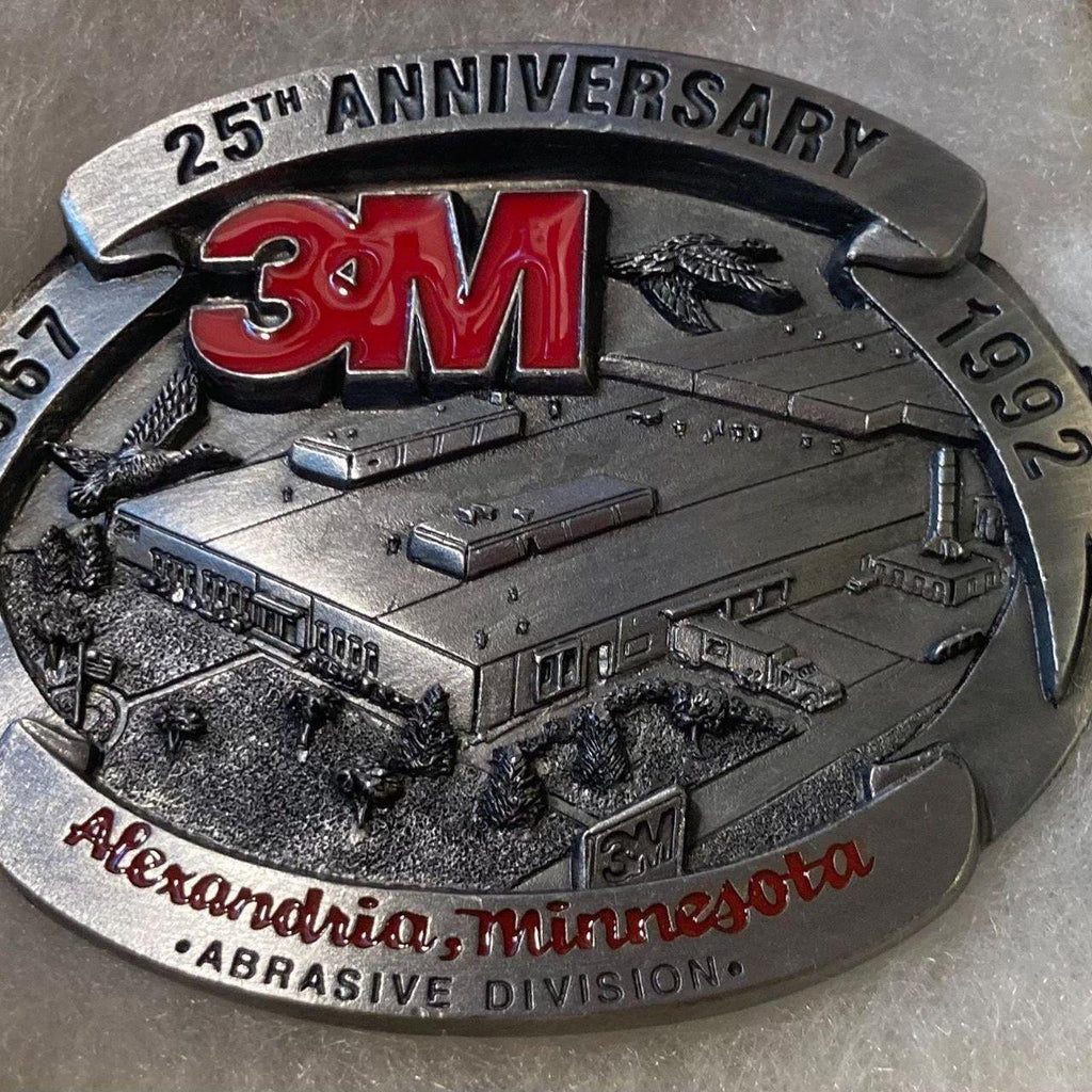 Vintage 1992 Metal Belt Buckle, 3M, Alexandria, Minnesota, Abrasive Division, Nice Western Design, 3 1/2" x 3", Heavy Duty, Quality