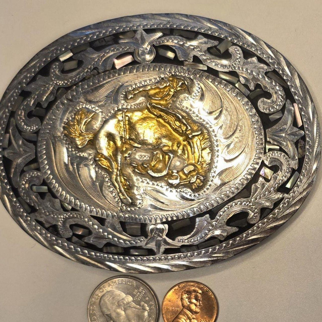 Vintage Metal Belt Buckle, Bronco Busting, Abalone Shell, Silver and Brass, Nice Western Style Design