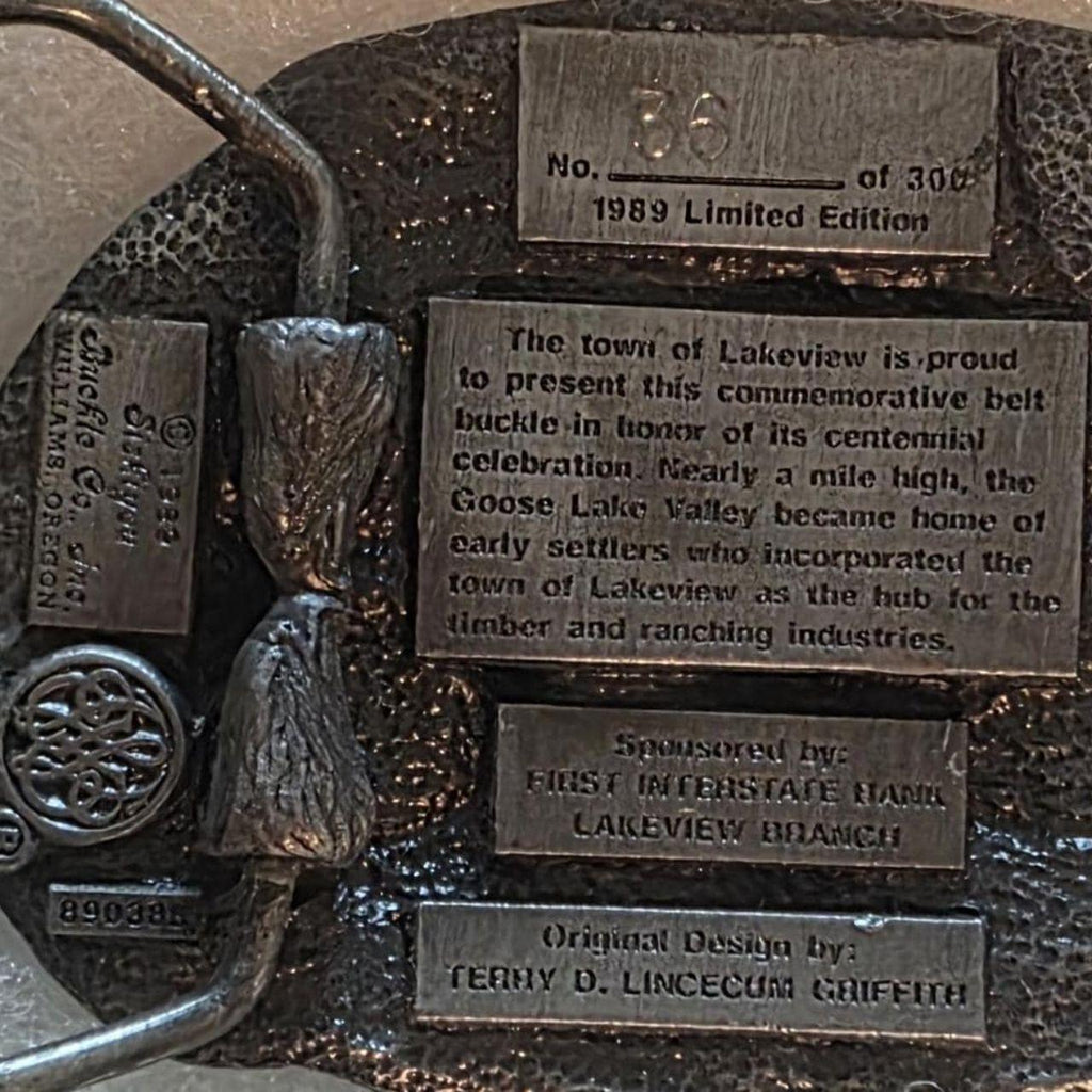 Vintage 1990 Metal Belt Buckle, Lakeview, The Tallest Town in Oregon, Lumber, Stage Coach, Nice Western Design