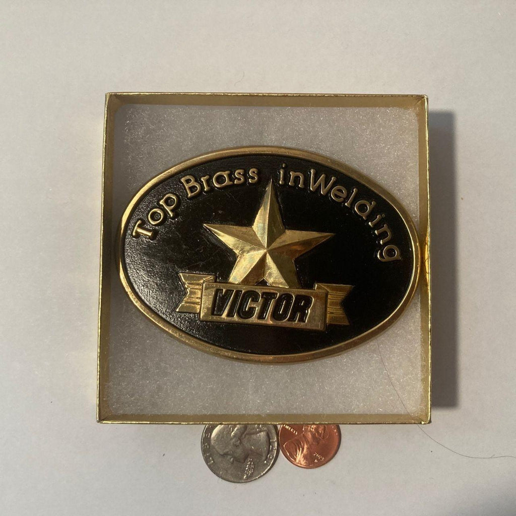 Vintage Metal Belt Buckle, Brass, Top Brass in Welding, Victor, ARC, Tig, Mig, Pipe, High Tech Welding, 3 1/2" x 2 1/2", Heavy Duty