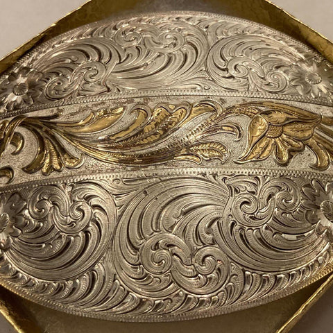 Vintage Metal Belt Buckle, Silver and Brass, Angie and BJ, 2 of Hearts Forever, Montana Silversmiths, Nice Western Design, 4" x 3"