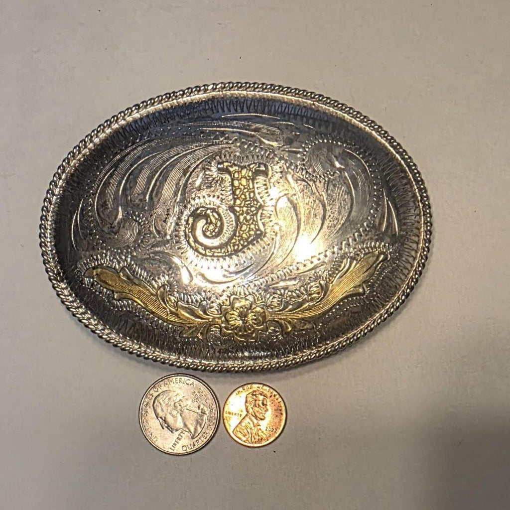 Vintage Metal Belt Buckle, Alpaca Silver and Brass, Letter J, Initial J, Nice Western Style Design