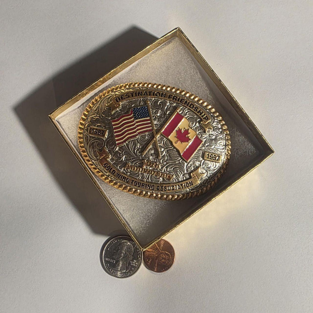 Vintage 1997 Metal Belt Buckle, Silver and Brass, Gold Wing Touring Association, Motorcycle, 10 Years, America and Canada, Texas