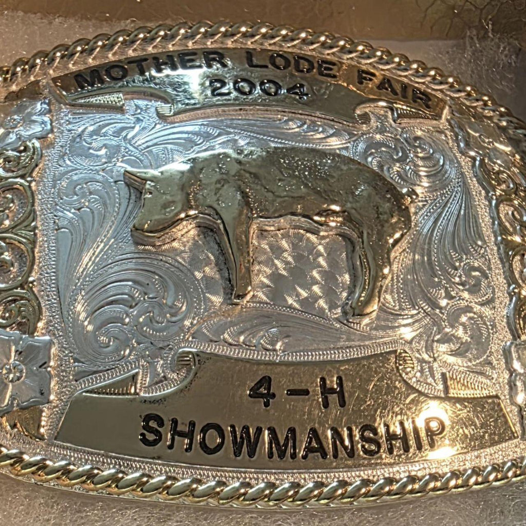 Vintage 2004 Metal Belt Buckle, Silver and Brass, Mother Lode Fair, 4-H Showmanship, Hog, Sow, Pig, Montana Silversmiths