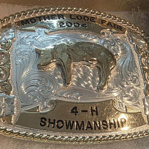 Vintage 2004 Metal Belt Buckle, Silver and Brass, Mother Lode Fair, 4-H Showmanship, Hog, Sow, Pig, Montana Silversmiths