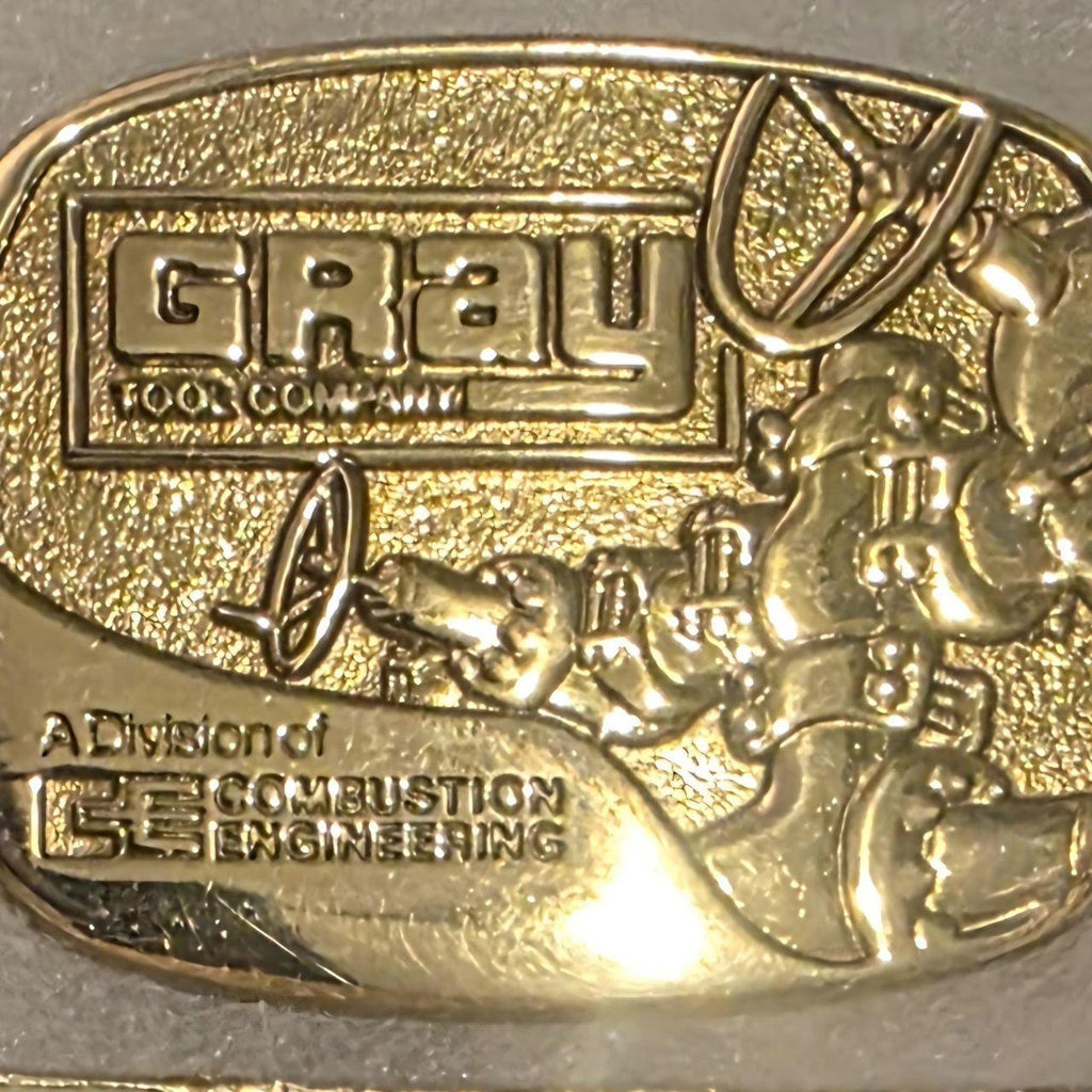 Vintage 1978 Metal Belt Buckle, Brass, Gray Tool Company, Combustion Engineering, Nice Western Style Design