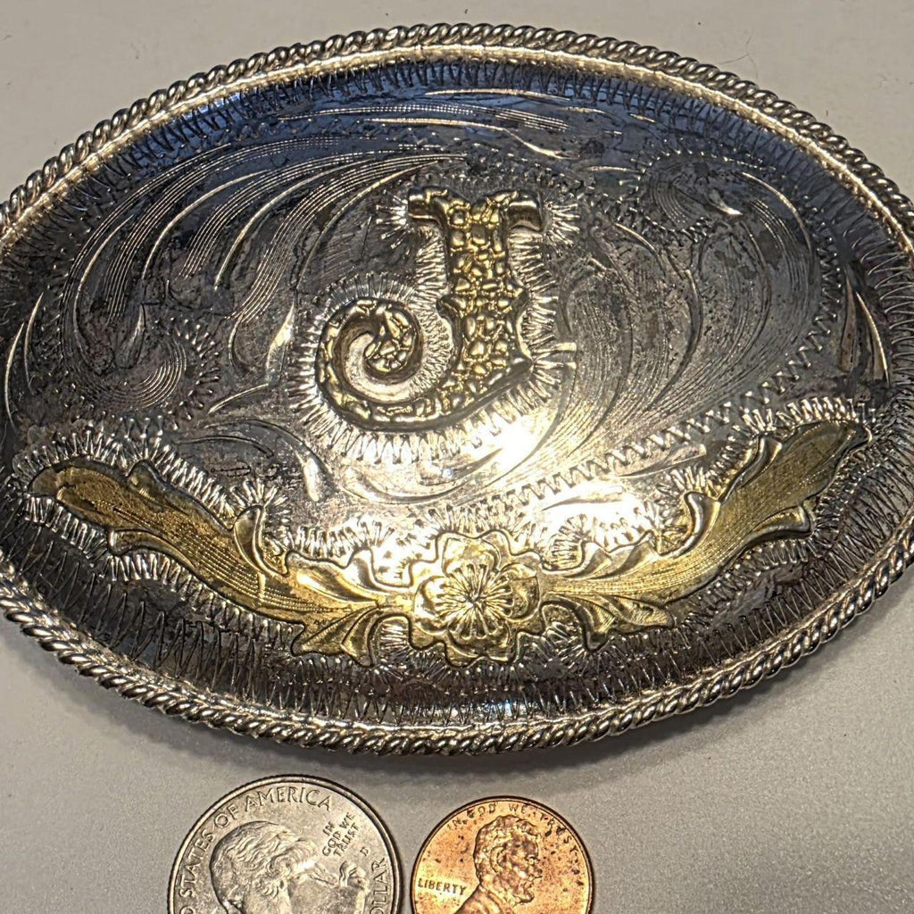 Vintage Metal Belt Buckle, Alpaca Silver and Brass, Letter J, Initial J, Nice Western Style Design