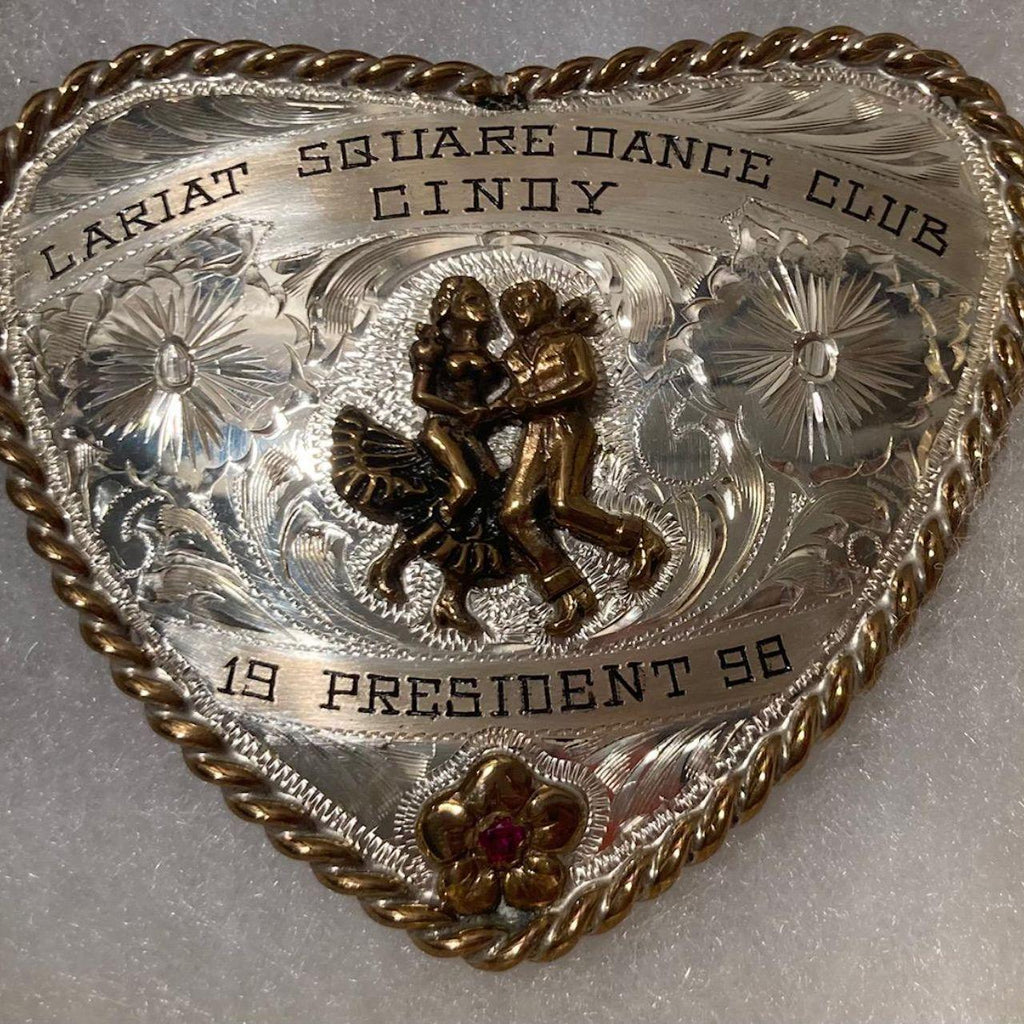Vintage 1998 Metal Belt Buckle, Nice Silver and Brass, Red Stone, Heart Shape, Lariat Square Dance Club, Square Dancing, Cindy, President