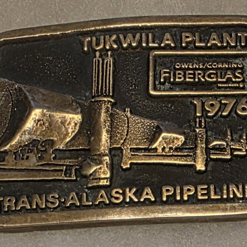Vintage 1976 Metal Belt Buckle, Brass, Trans Alaska Pipeline, Tukwila Plant, Fiberglas, Nice Western Design