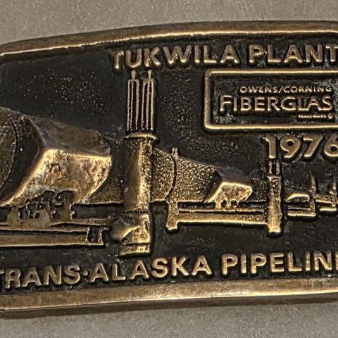 Vintage 1976 Metal Belt Buckle, Brass, Trans Alaska Pipeline, Tukwila Plant, Fiberglas, Nice Western Design