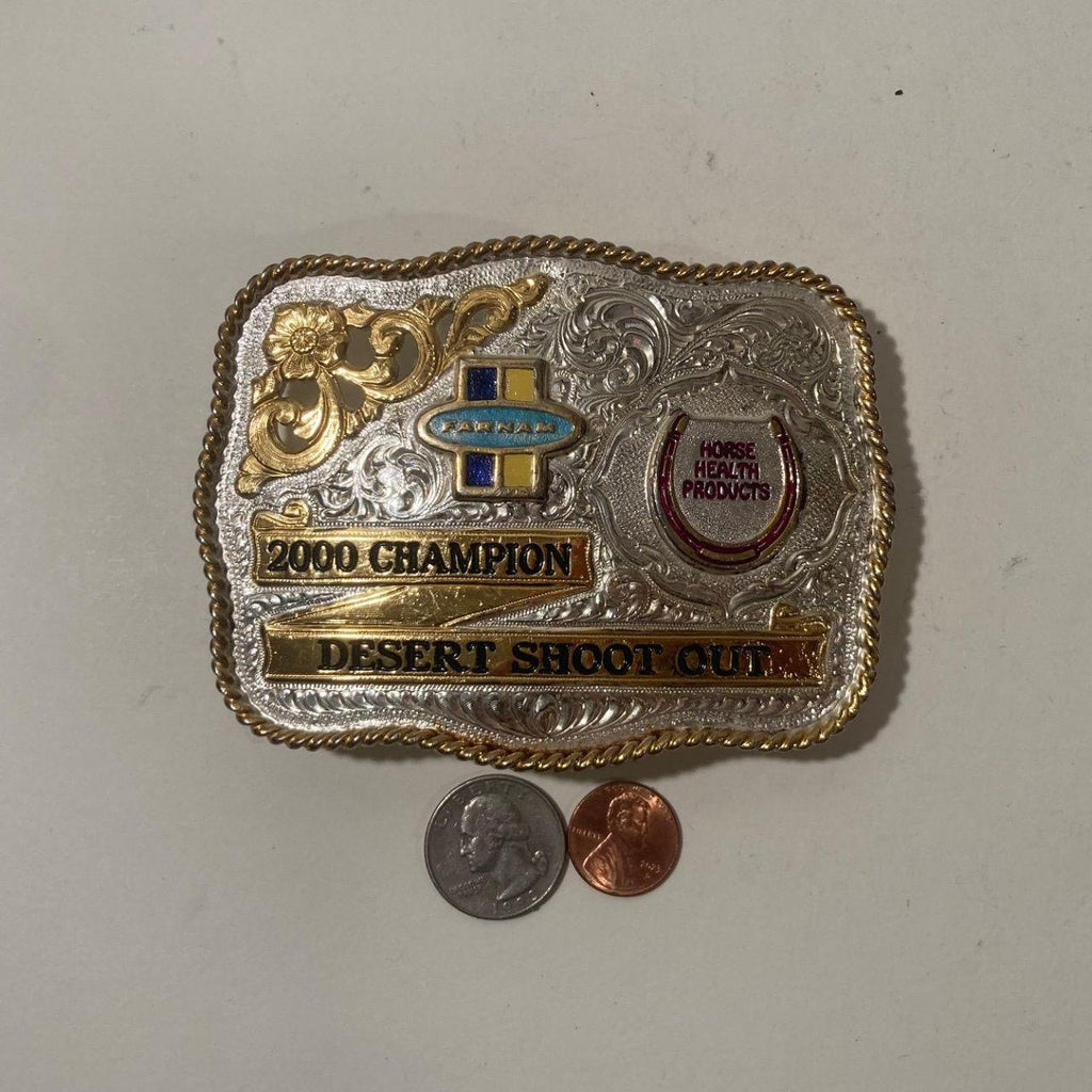 Vintage 2000 Metal Belt Buckle, Silver and Brass, 2000 Champion, Desert Shoot Out, Horse Health Products, FARNAM, Big Size