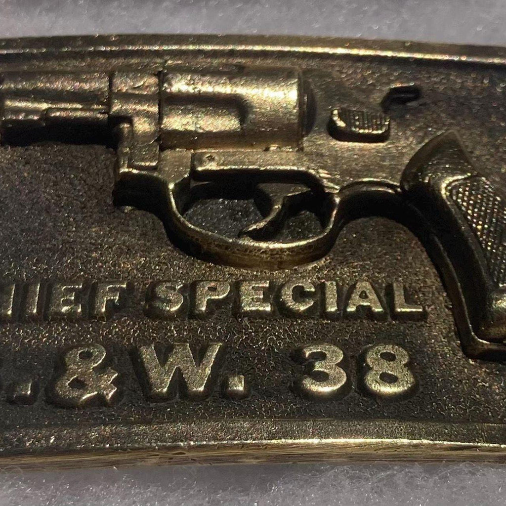 Vintage 1975 Metal Belt Buckle, Brass, Smith & Wesson, 38 Special, Chief Special, Super Heavy, Nice Western Design