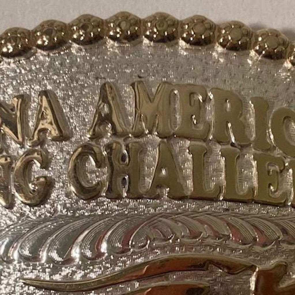 Vintage 2001 Metal Belt Buckle, MBNA America Racing Challenge, See You in Court, Silver and Brass, Horse Racing, Montana Silversmiths