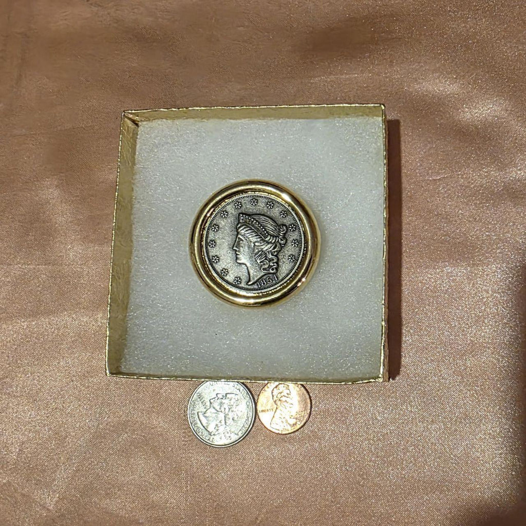 Vintage Metal Belt Buckle, Brass Paquette Belt Buckle with 1854 Coin, Nice Western Style Design, 1 3/4" x 1 3/4", Heavy Duty, Quality