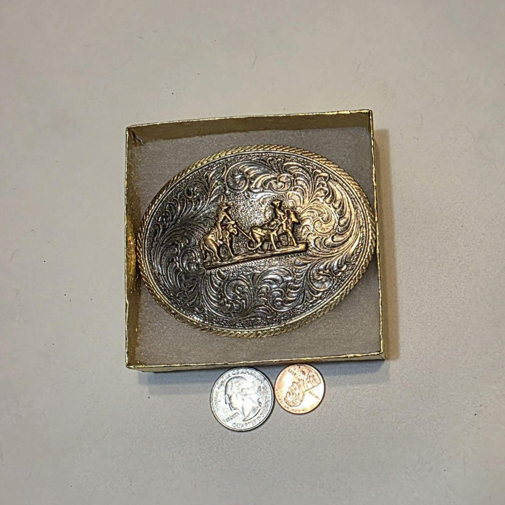 Vintage Western Belt Buckle with Cowboy and Horse Design