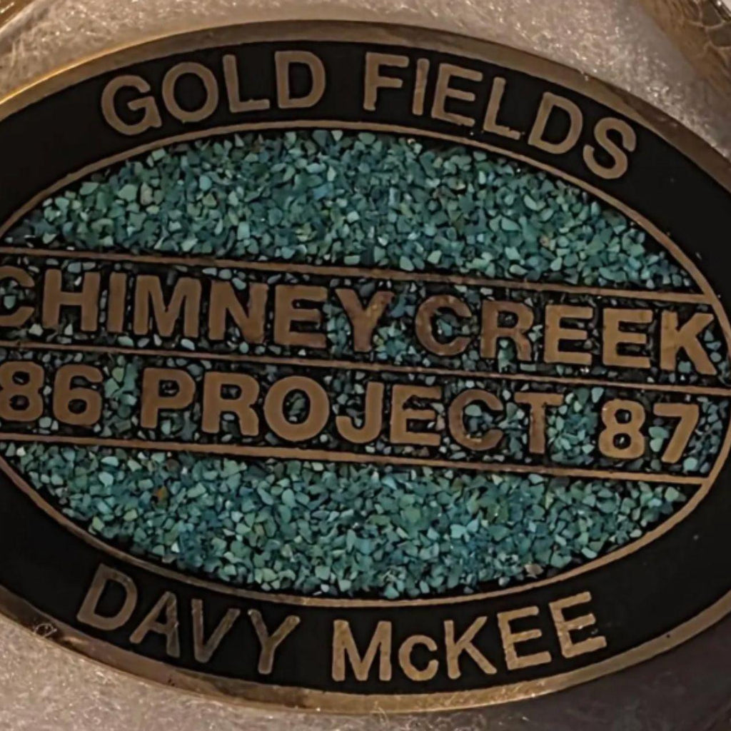 Vintage 1987 Metal Belt Buckle, Solid Brass, Blue Crushed Turquoise Stones, Gold Fields, Davy McKee, Chimney Creek Project
