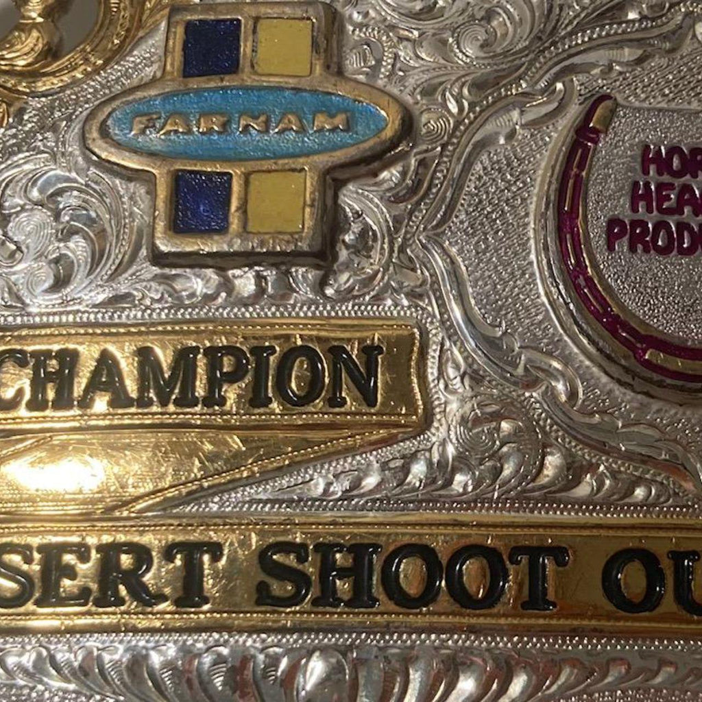 Vintage 2000 Metal Belt Buckle, Silver and Brass, 2000 Champion, Desert Shoot Out, Horse Health Products, FARNAM, Big Size