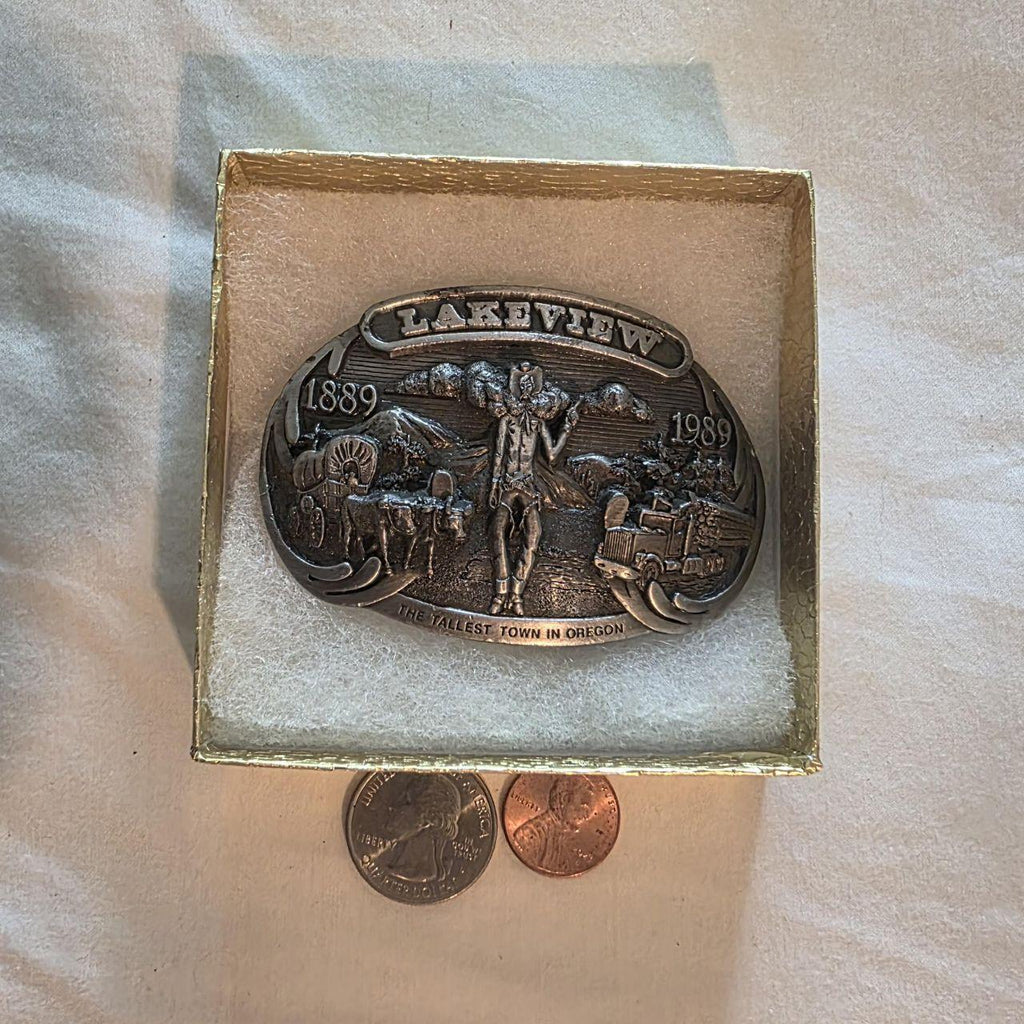 Vintage 1990 Metal Belt Buckle, Lakeview, The Tallest Town in Oregon, Lumber, Stage Coach, Nice Western Design