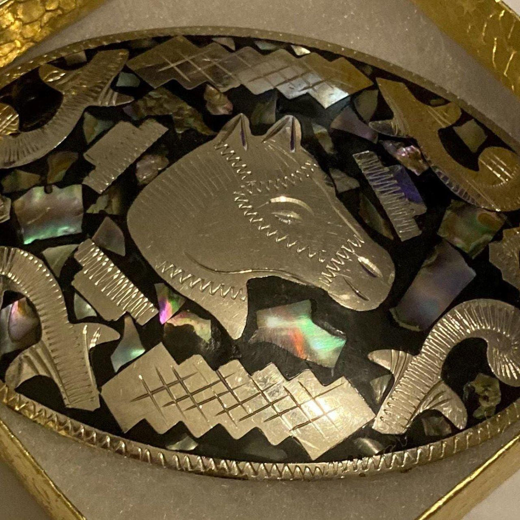 Vintage Metal Belt Buckle, Alpaca Silver and Abalone Design, Nice Horse Head, Nice Design, 3 3/4" x 2 3/4", Heavy Duty, Quality