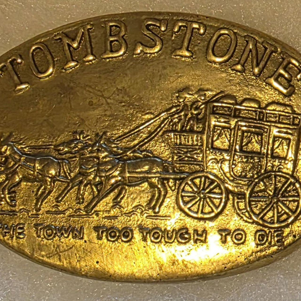 Vintage Metal Belt Buckle, Brass, Tombstone, The Town Too Tough To Die, Stagecoach, Horses, Town, Nice Western Design