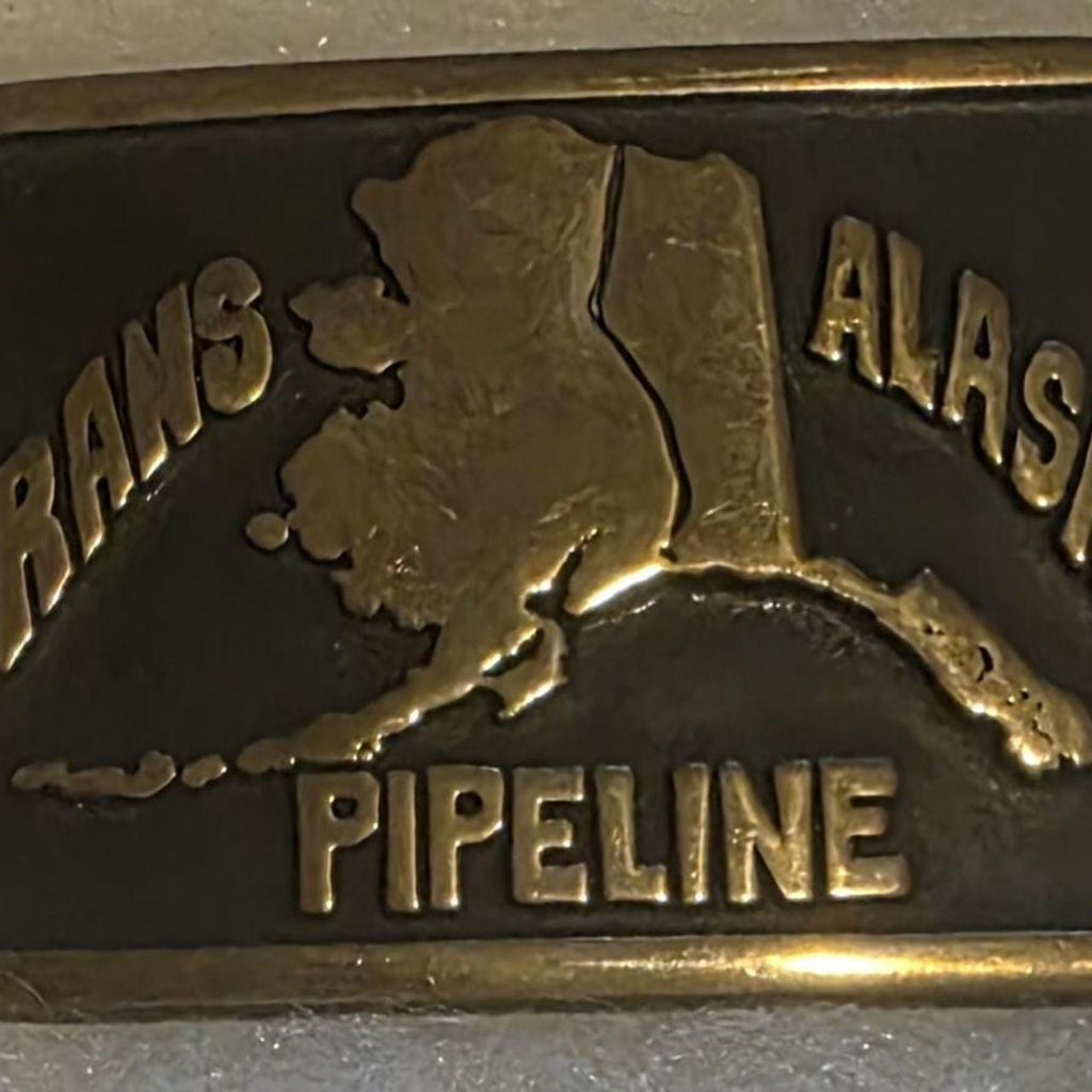 Vintage 1982 Metal Belt Buckle, Brass, Trans Alaska Pipeline, Energy, Gas, Petroleum, Nice Western Style Design