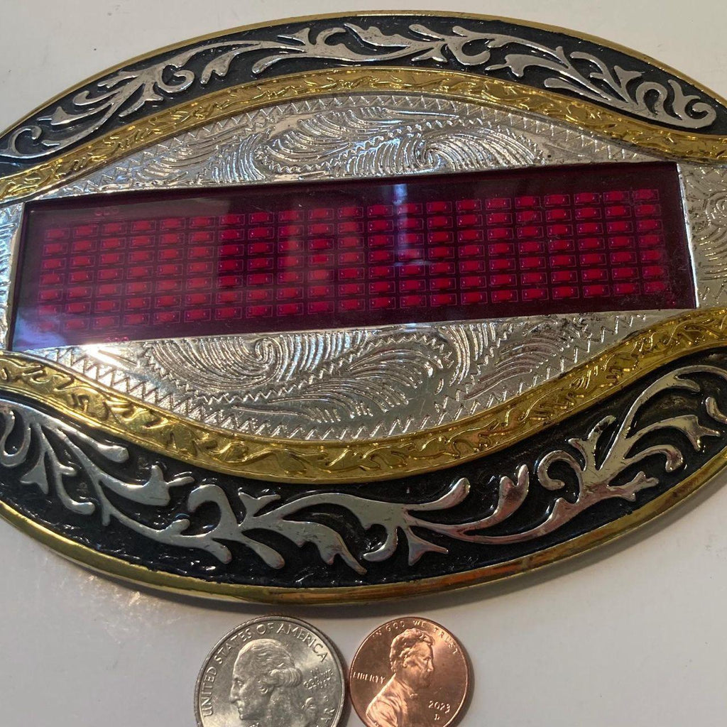 Vintage Metal Belt Buckle, Giant Size, Silver and Brass, Batteries, Nice Western Design, 6 1/2" x 4 1/2", Heavy Duty, Quality, Thick Metal